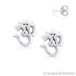 Om Aum Symbol Hindu/Buddhist Charm Stud Earrings in Oxidized 925 Sterling Silver